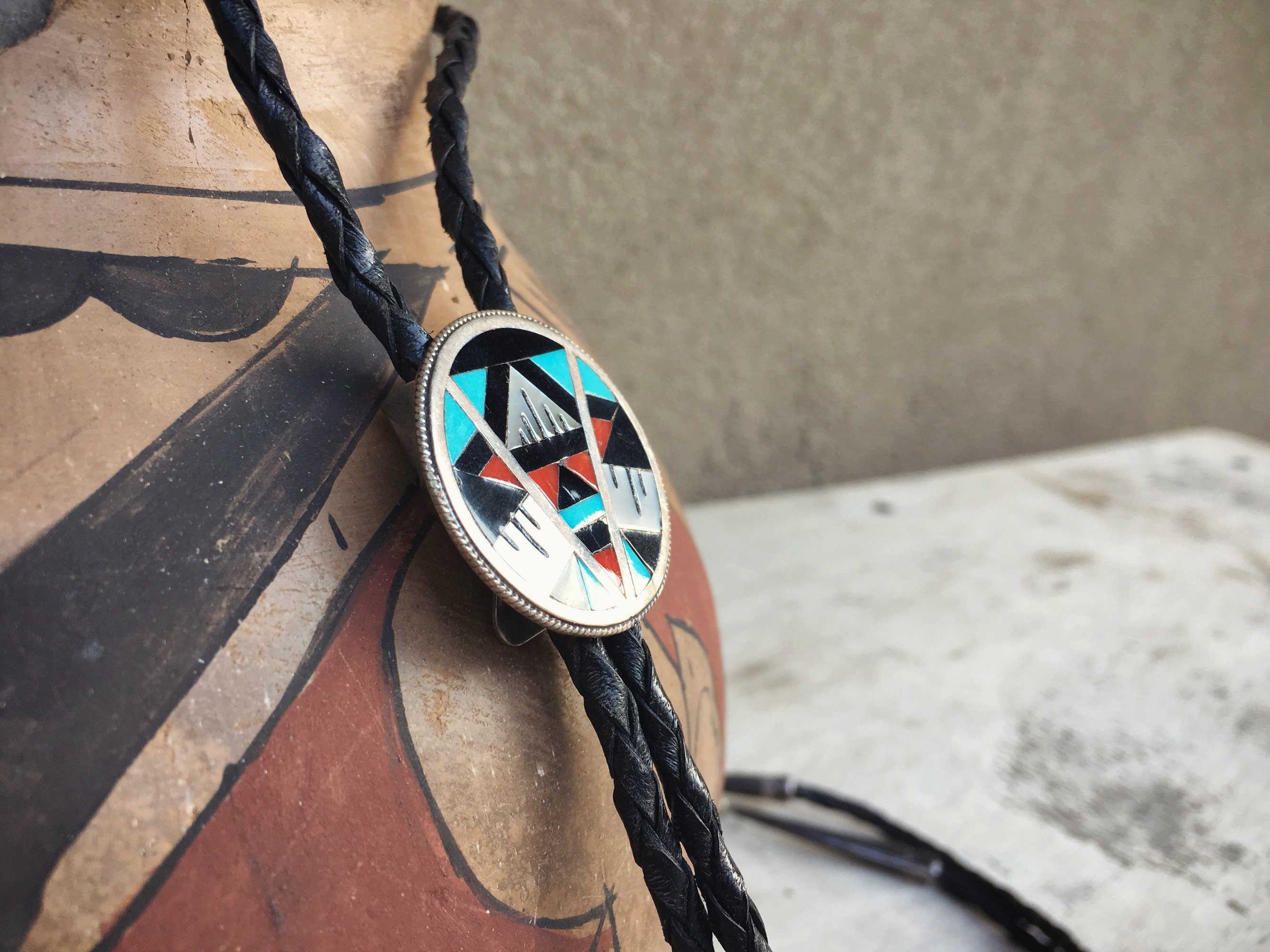 Native American Symbolic Vinage Navajo Sterling Silver Geomtric Bolo Tie Native American Symbolic Vinage Navajo Sterling Silver Geomtric Bolo Tie