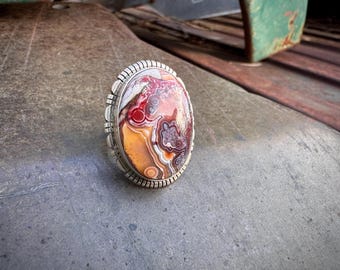 Crazy Lace Agate Sterling Silver Ring Size 8.75 to 9, Southwestern Jewelry