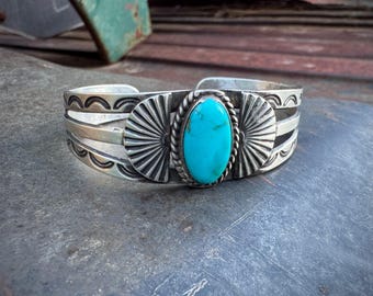 Fred Harvey Era Blue Turquoise Cuff Bracelet Approx Size 6.25, Vintage 1930s Navajo Old Pawn