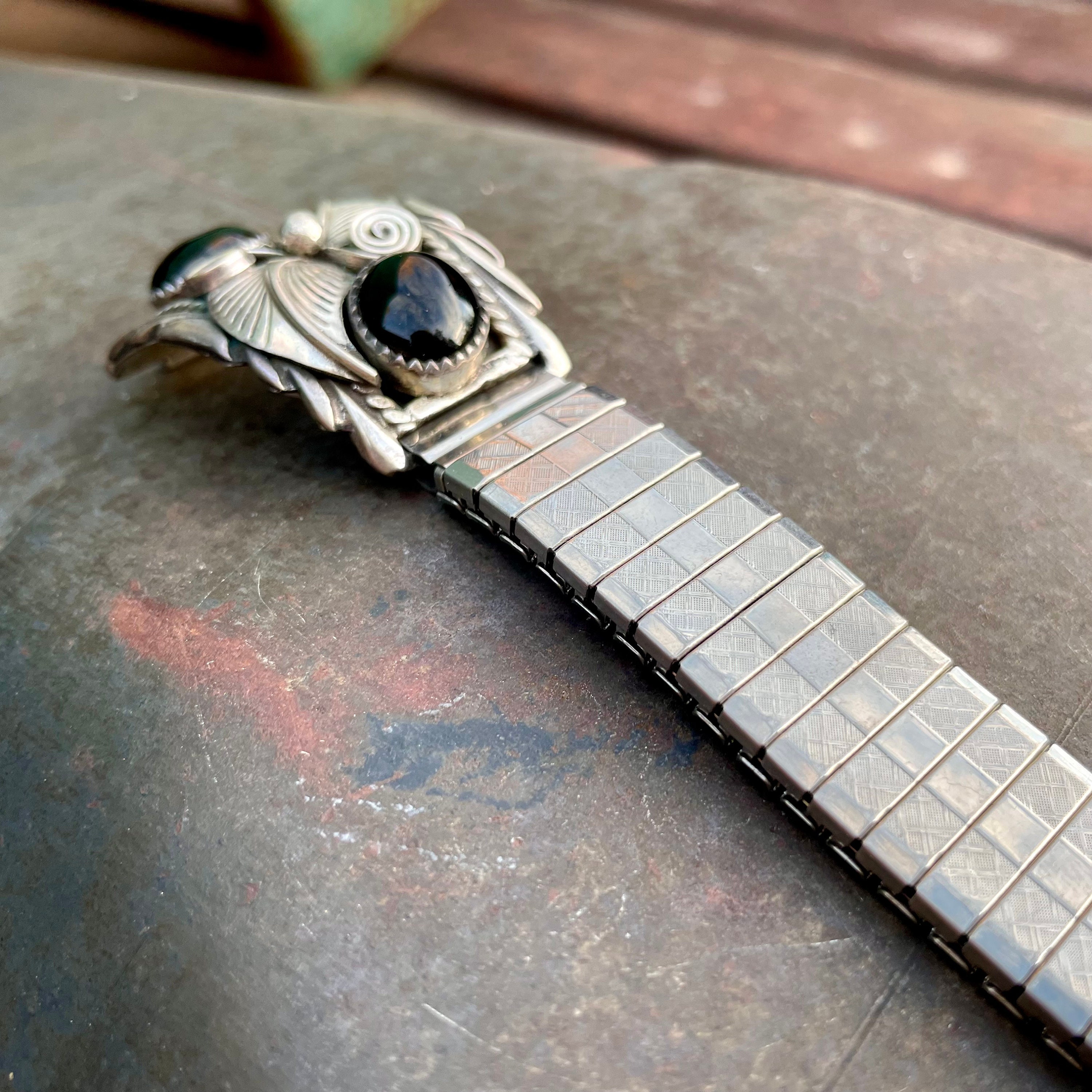 Vintage Sterling Silver Black Onyx Watch Tips Watchband Navajo Ornate Silverwork Native American