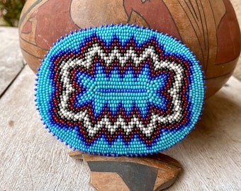 Large Vintage Beaded Belt Buckle Leather Backed, Dazzler Design, Native American Accessory