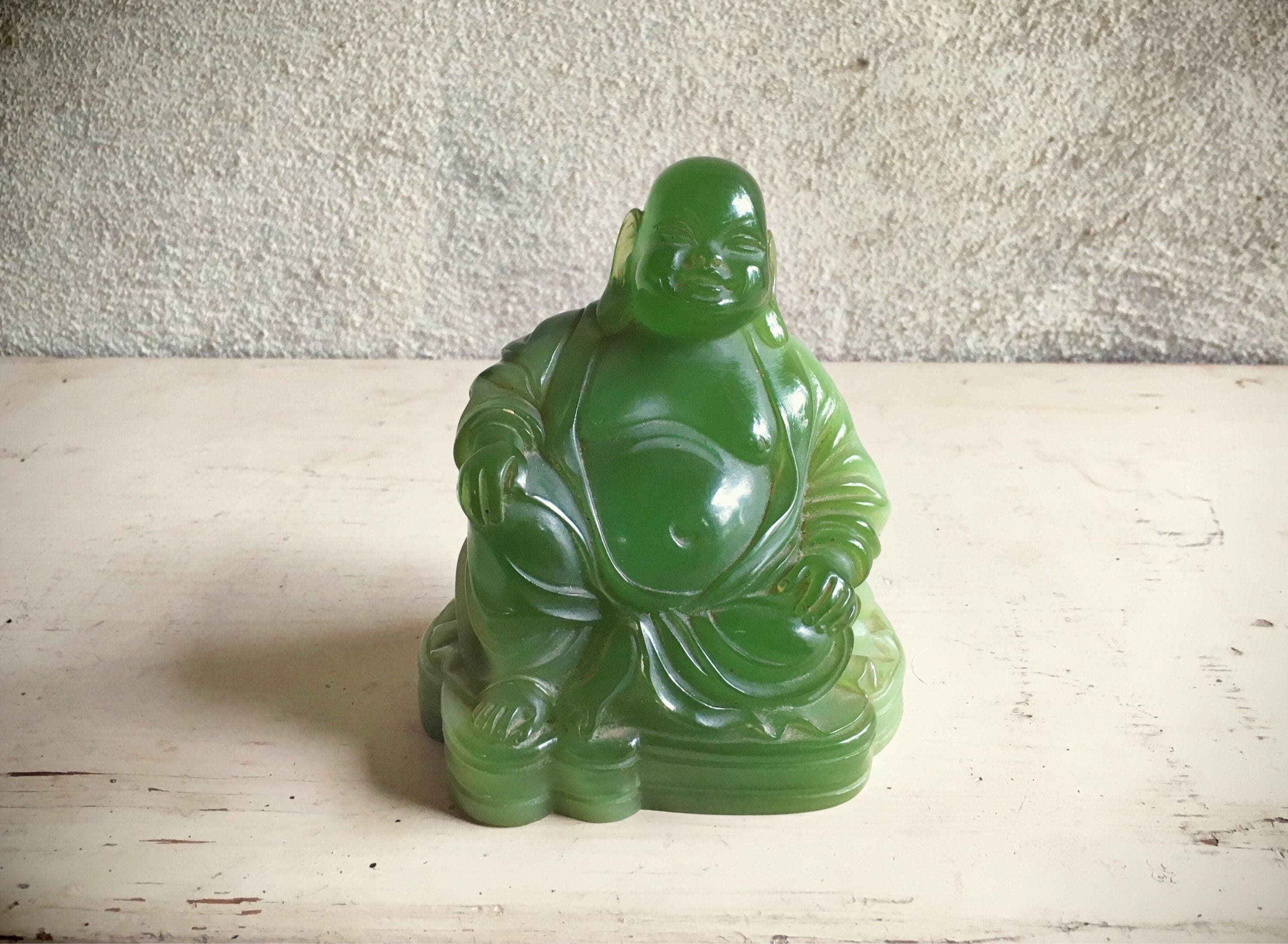 Vintage celluloid green Buddha figurine, faux jade Sitting Buddha