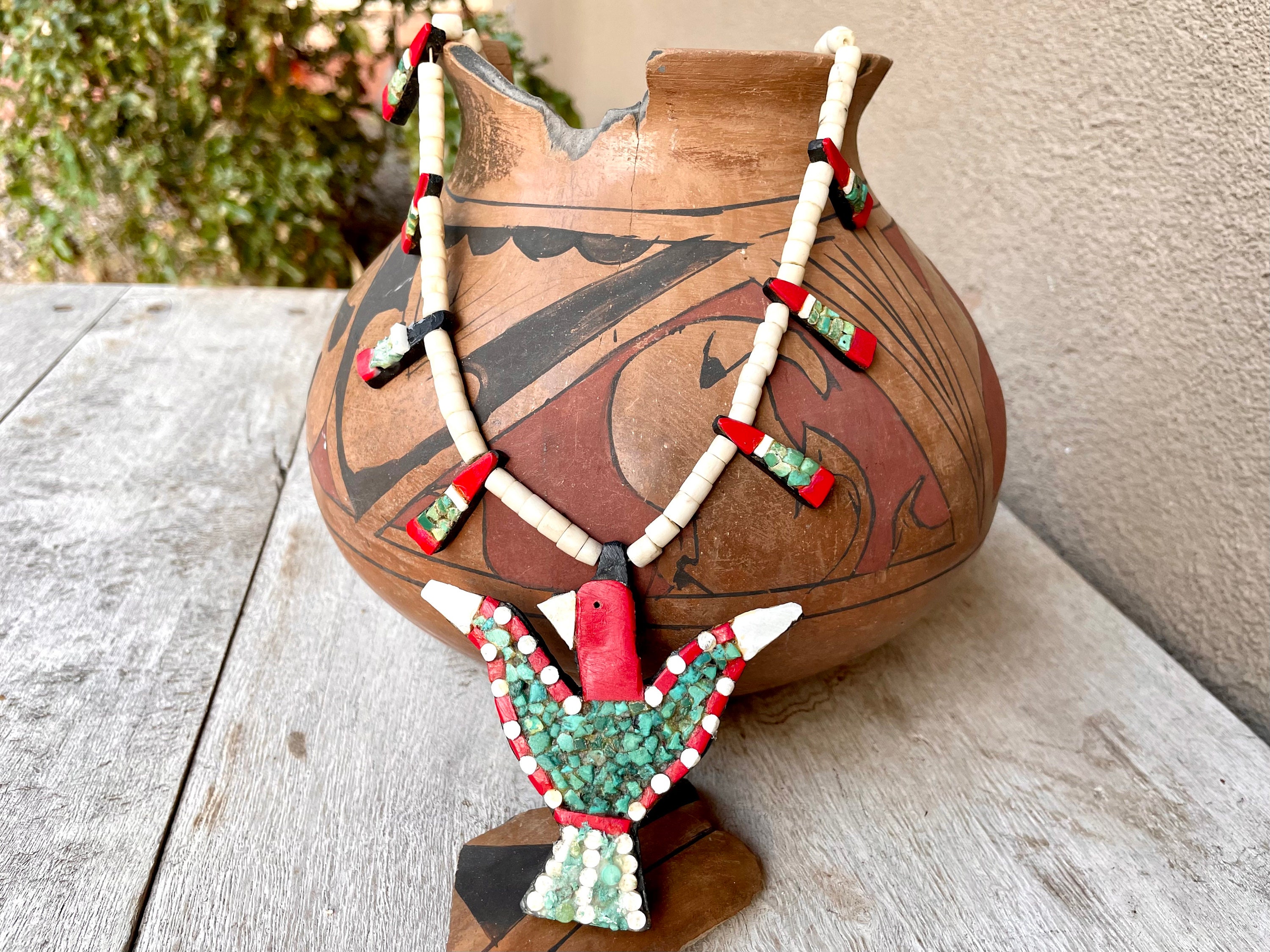 Depression Era Santo Domingo Pueblo Thunderbird Necklace, Old Pawn New