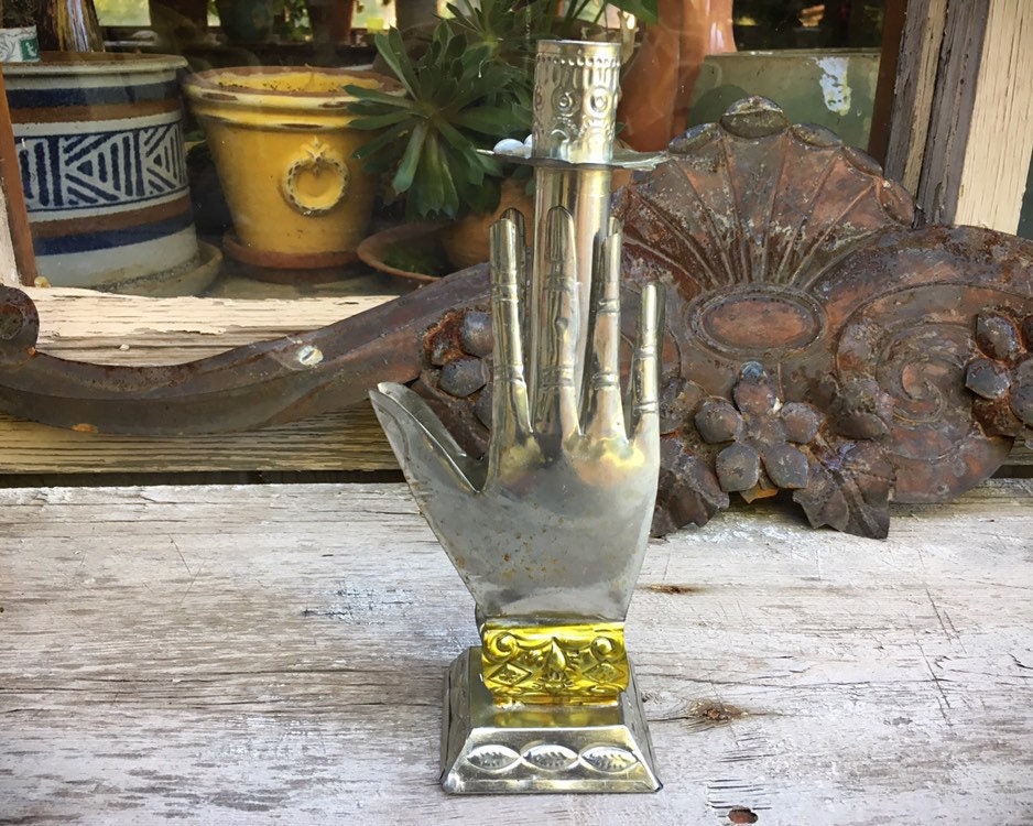 Vintage Tin Hand Candle Holder Mexican Folk Art, Southwestern Decor