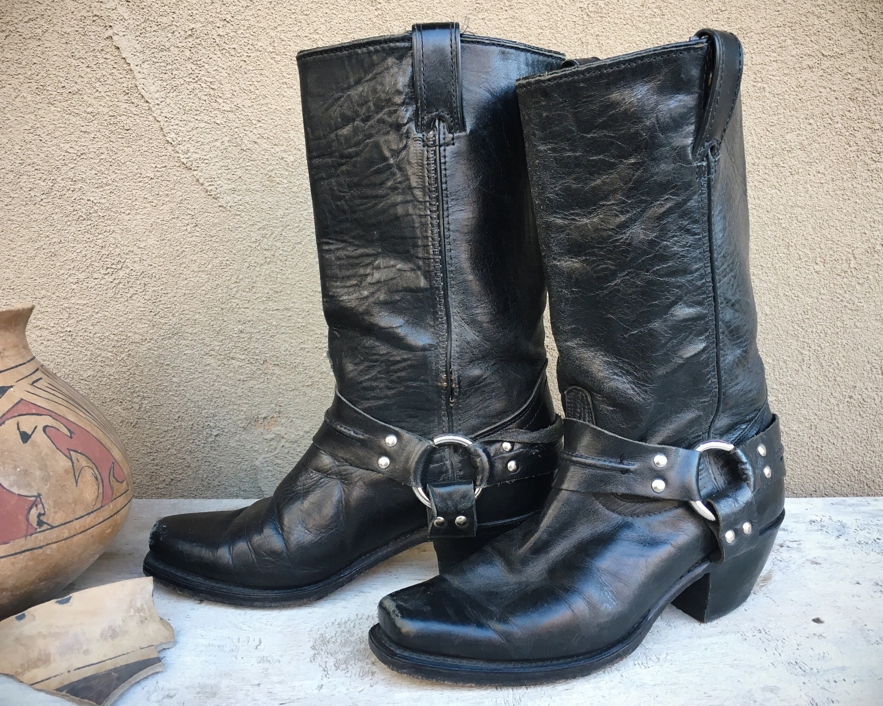 1970s Black Leather Motorcycle Boots Women's Size 6.5 (Run