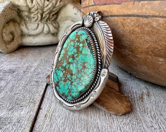 Large Vintage Turquoise Sterling Silver Pendant, Feather Design, No Chain