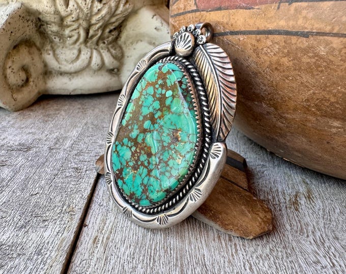 Featured listing image: Large Vintage Turquoise Sterling Silver Pendant, Feather Design, No Chain