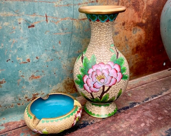 Vintage Chinese Cloisonné Vase & Ashtray Yellow w/ Pink Peony Flower, Smallish, Chinoiserie Decor