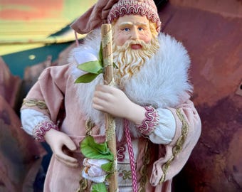 Vintage Father Winter Statue 16", Pink Corduroy Robe, 1990s Christmas Decor