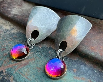 Large 1980s Sterling Silver Post Earrings with Synthetic Faceted Rainbow Prism Crystal Dangle