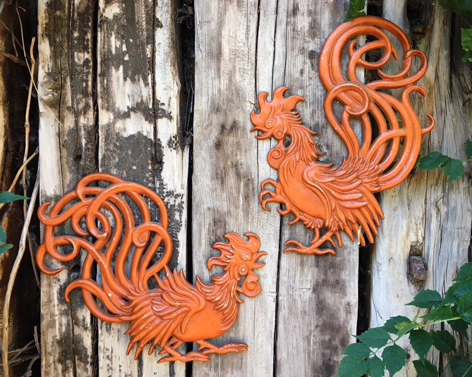 Pair of Mid Century Metal Rooster Wall Plaques Painted Orange by Vermay