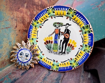 Two Mexican Pottery Wall Hangings, Gorky Gonzales Plate 8.5" & Small Sun 4" Dia.