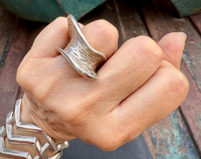 Featured listing image: Heavy Sterling Silver Sculptural Ring Approx Size 7.5, Modernist Brutalist Jewelry Unisex