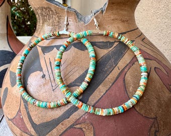 Big Round Hoop Earrings Turquoise Spiny Oyster Heishi Over 2.5" Diameter, Dangle to 3.25"