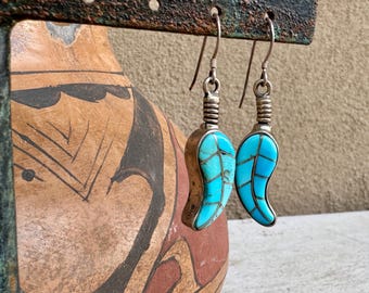 Vintage Turquoise Channel Inlay Feather Earrings, Medium-Small Three Dimensional Dangles