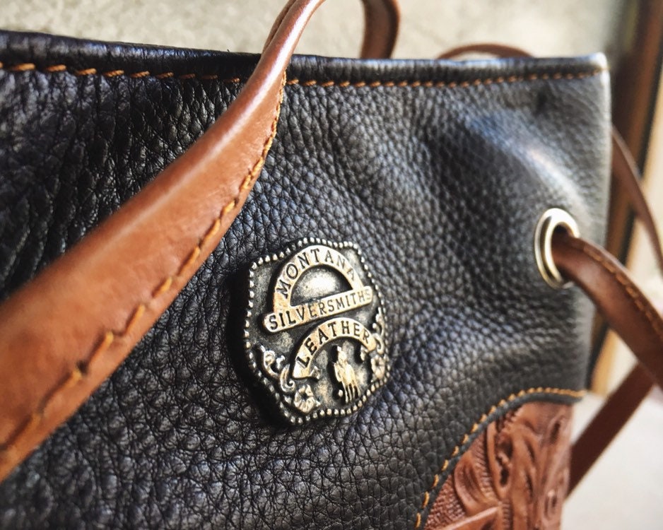 Vintage Tooled Leather Western Purse by Montana Silversmiths Two Tone Tan Dark Brown Leather