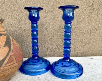 Pair of 1920s Cambridge Blue Uranium Art Glass Candleholders Approx 8" Stacked Orb Wafer