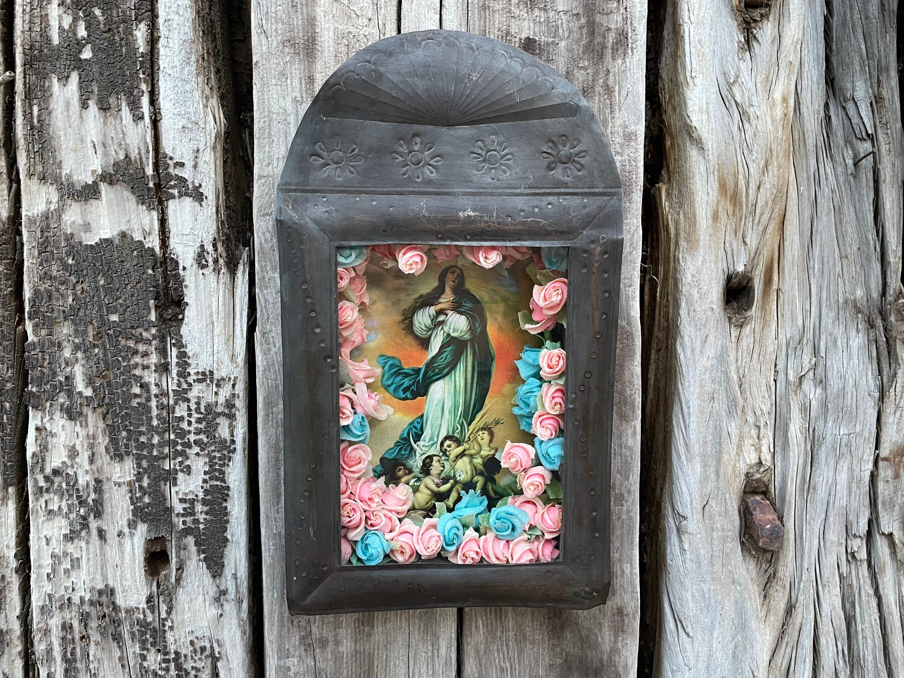 Vintage Mexican Tin Shrine Shadowbox Wall Hanging with Madonna Print