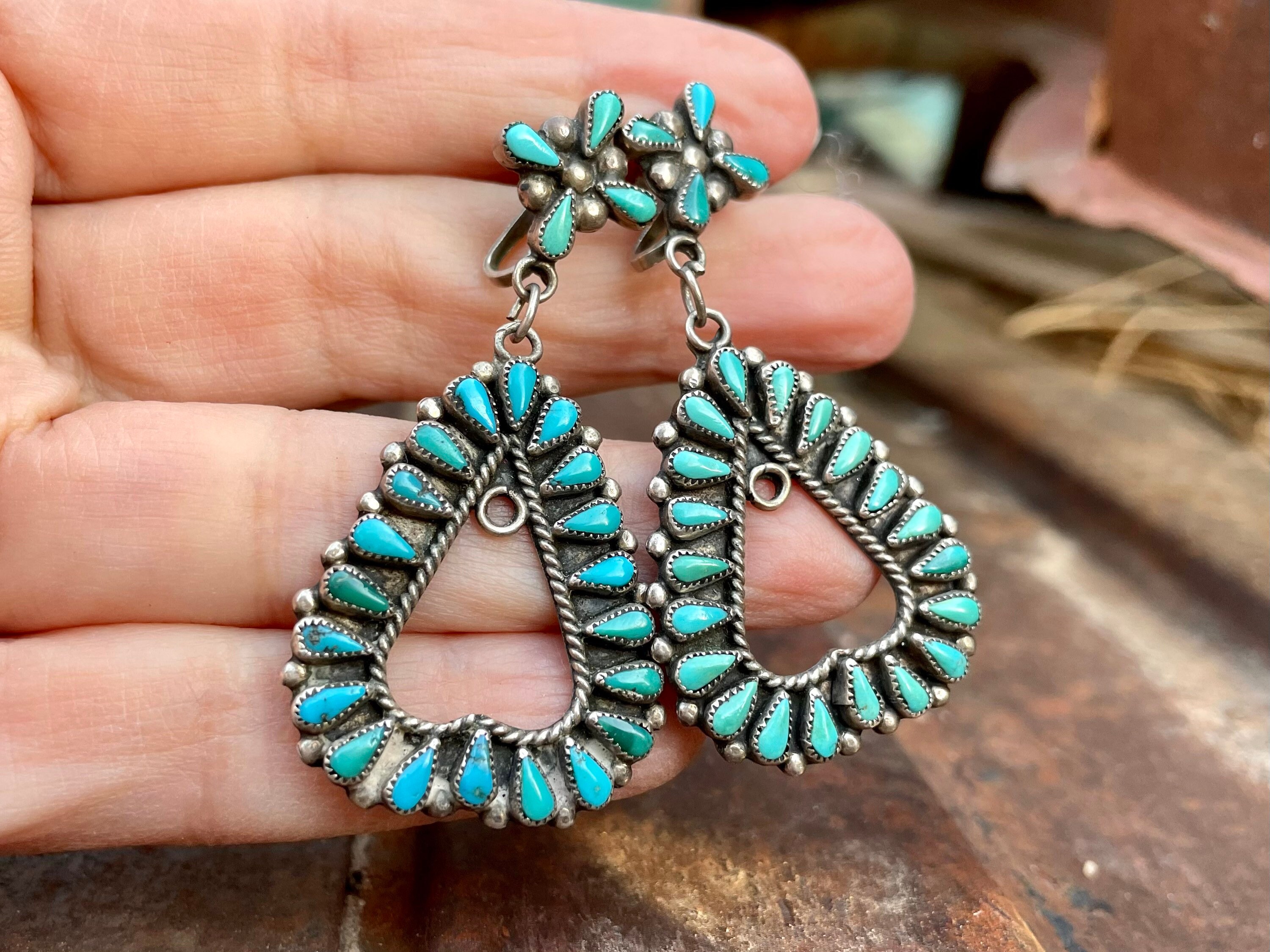 2 1940s Zuni Screw Back Earrings of Turquoise and Coral In