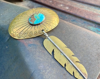 Large Vintage Stamped Brass and Turquoise with Feather Hair Barrette Navajo Style, Native American Indian Accessory, Gift Woman w/ Long Hair