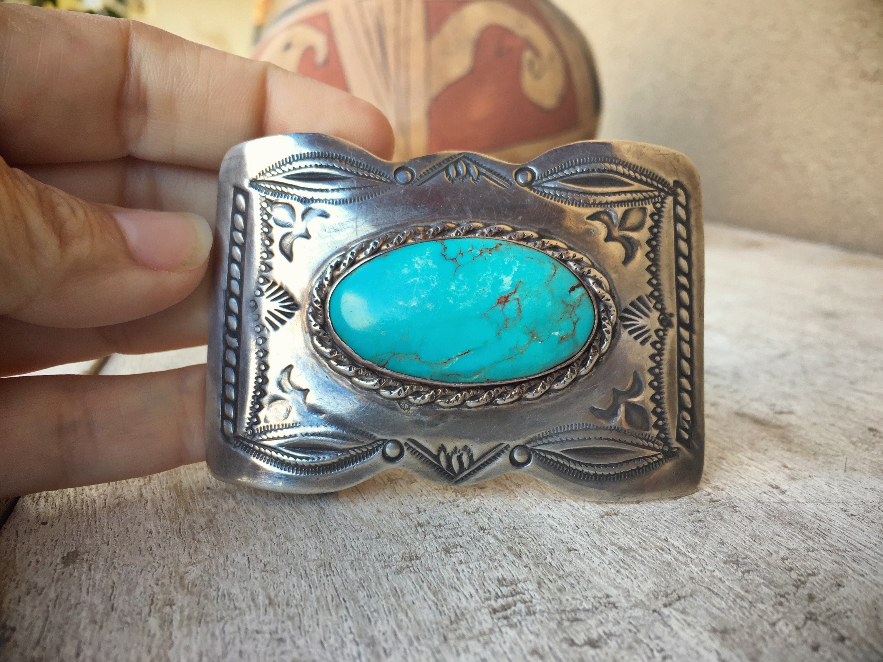 Vintage Belt Buckle for Men, Native American Indian, Turquoise Silver