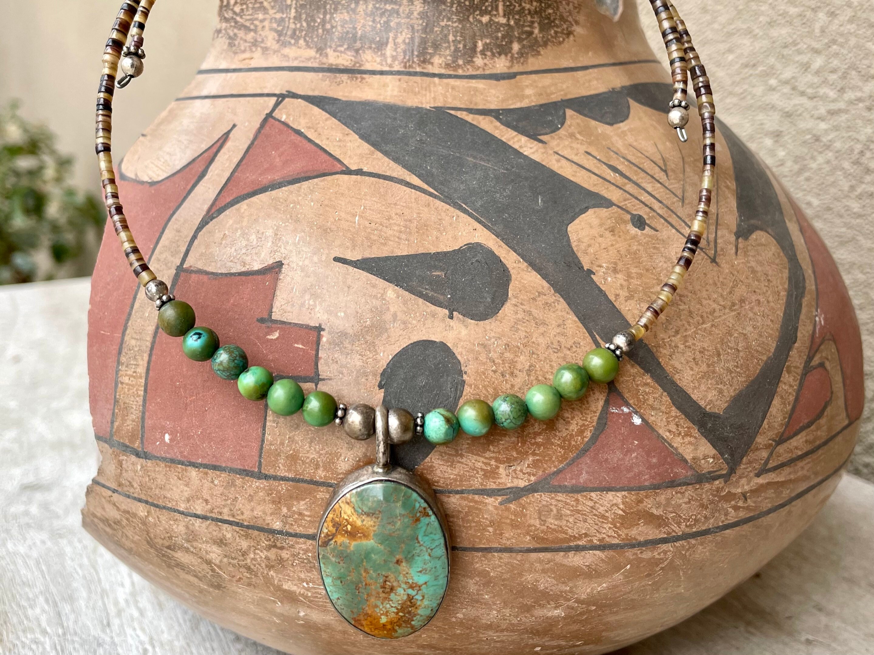 Vintage Coil Heishi Bead Necklace with Turquoise Sterling Silver