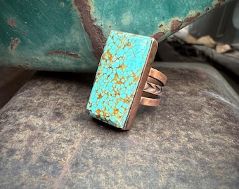 Number 8 Turquoise in Stamped Copper Ring Size 7.75 to 8, Corner of Stone Dinged