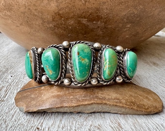 Vintage Green Turquoise Cuff Bracelet Five Stone, Navajo Native American Indian Jewelry