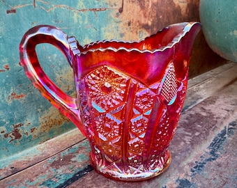 1970s Revival Carnival Glass Creamer Approx 4.5" Tall, Iridized Amberina Depression Era Style