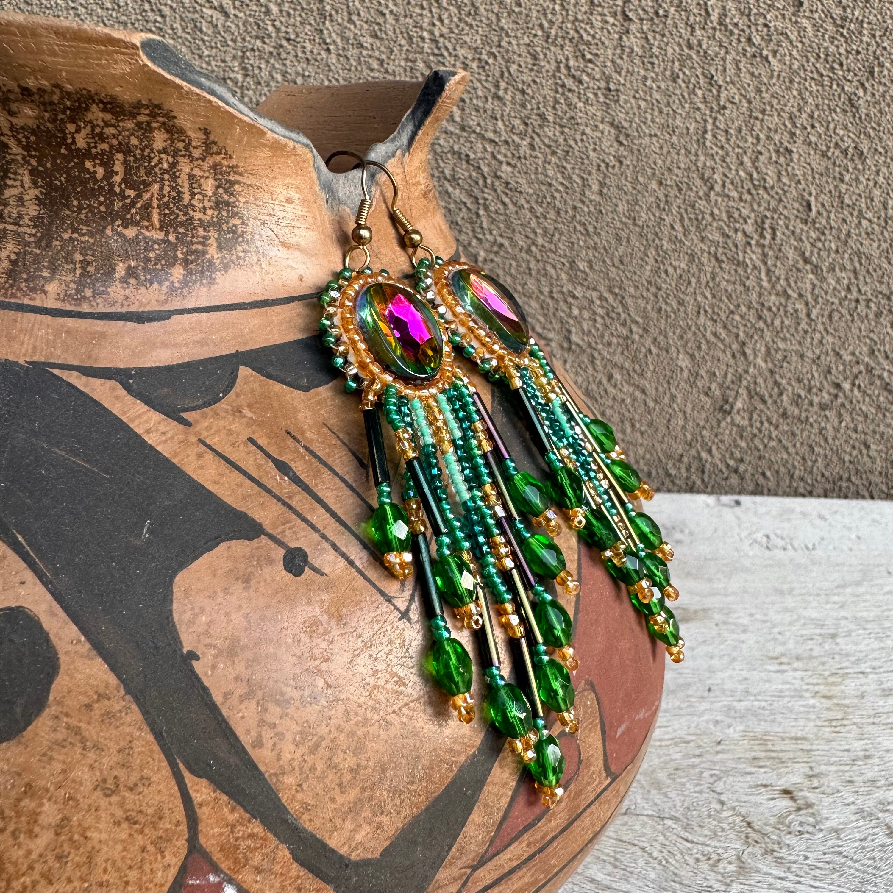 Seed Bead Earrings w Color Changing Rhinestone on Leather Back with Fringe Native Beadwork