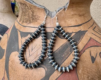 Navajo Pearl Sterling Silver Bead Hoop Earrings Dangle to Approx 2.5", Southwestern Navajo
