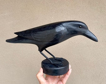 Painted Carved Wood Black Crow Raven Made in Indonesia, Primitive Bohemian Decor Shelf Display