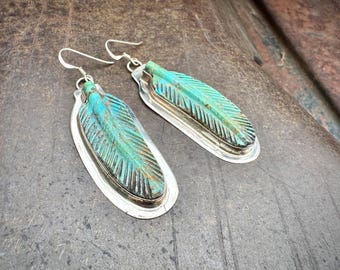 Navajo Carved Turquoise Dangling Feather Earrings, Dangle to Approx 2.5"