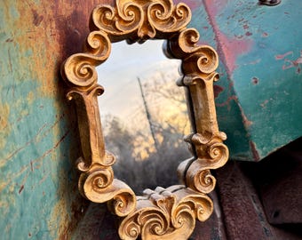 Vintage Peruvian Mirror Wall Hanging with Ornate Gilt Wood Frame 7.5" x 12"