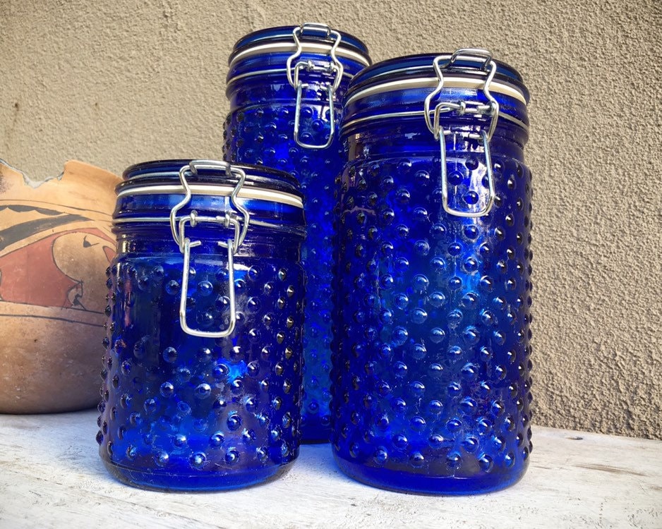 Cobalt Blue Hobnail Glass Canister Set Three Sealable Jars Retro Kitchen Housewares Vintage