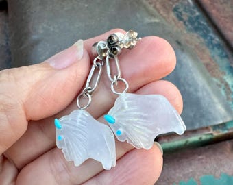 Zuni Carved Selenite Bison Fetish Earrings, Turquoise Post and Accents