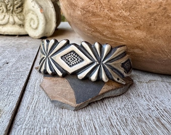 Vintage Sandcast Silver Cuff Bracelet Approx Size 6.625, Bold Graphic Style