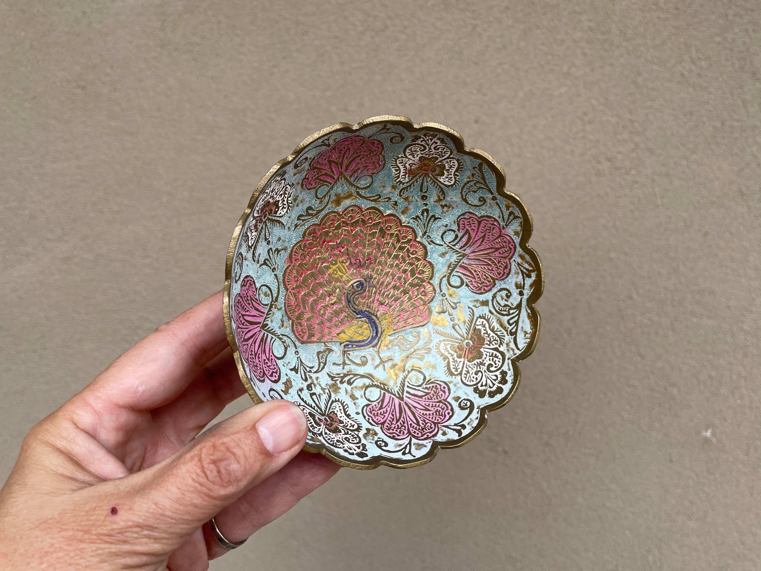 Small Vintage Etched Painted Brass Bowl with Peacock Design, Made
