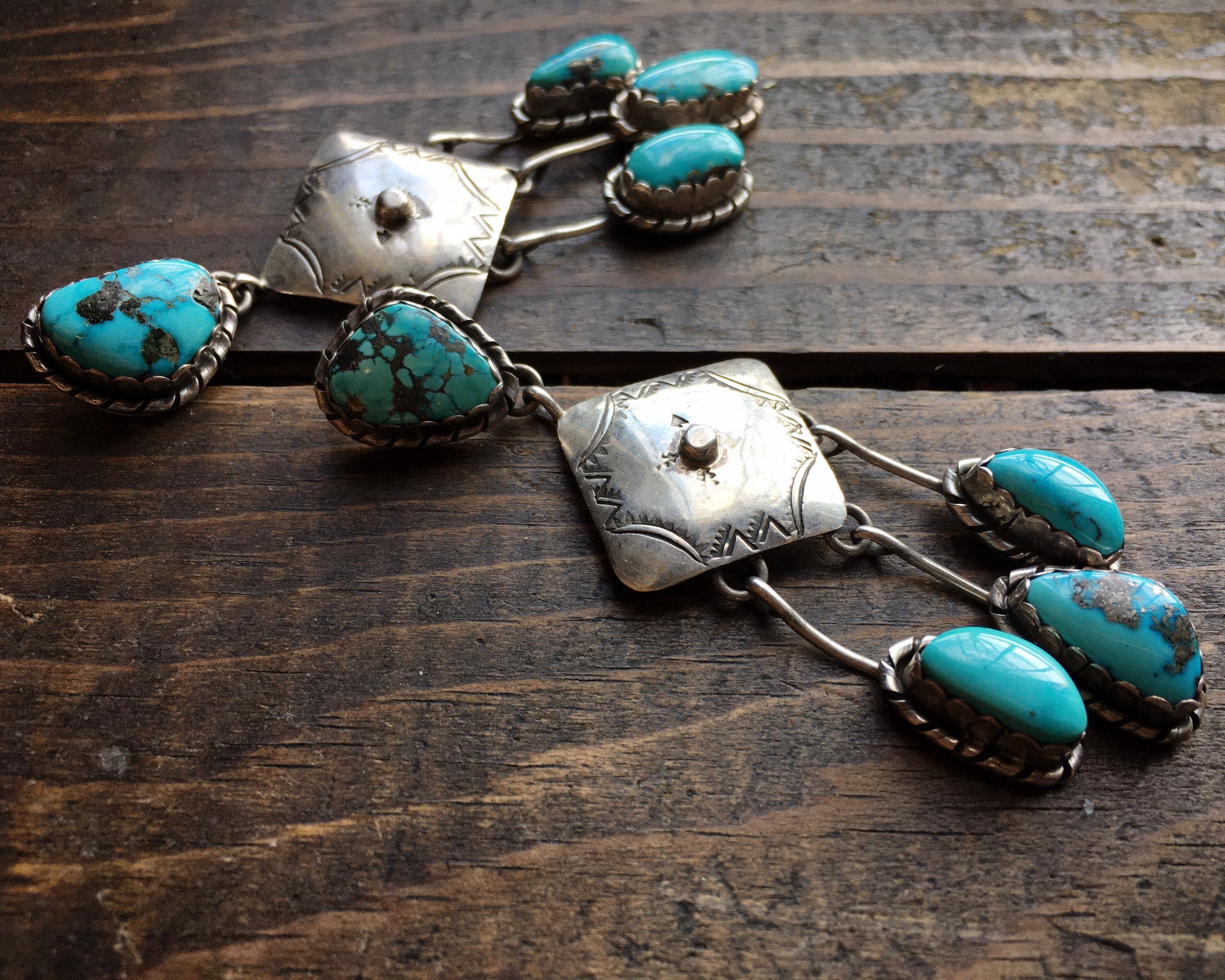 Natural Morenci Turquoise Dangle Earrings, Vintage Navajo Native