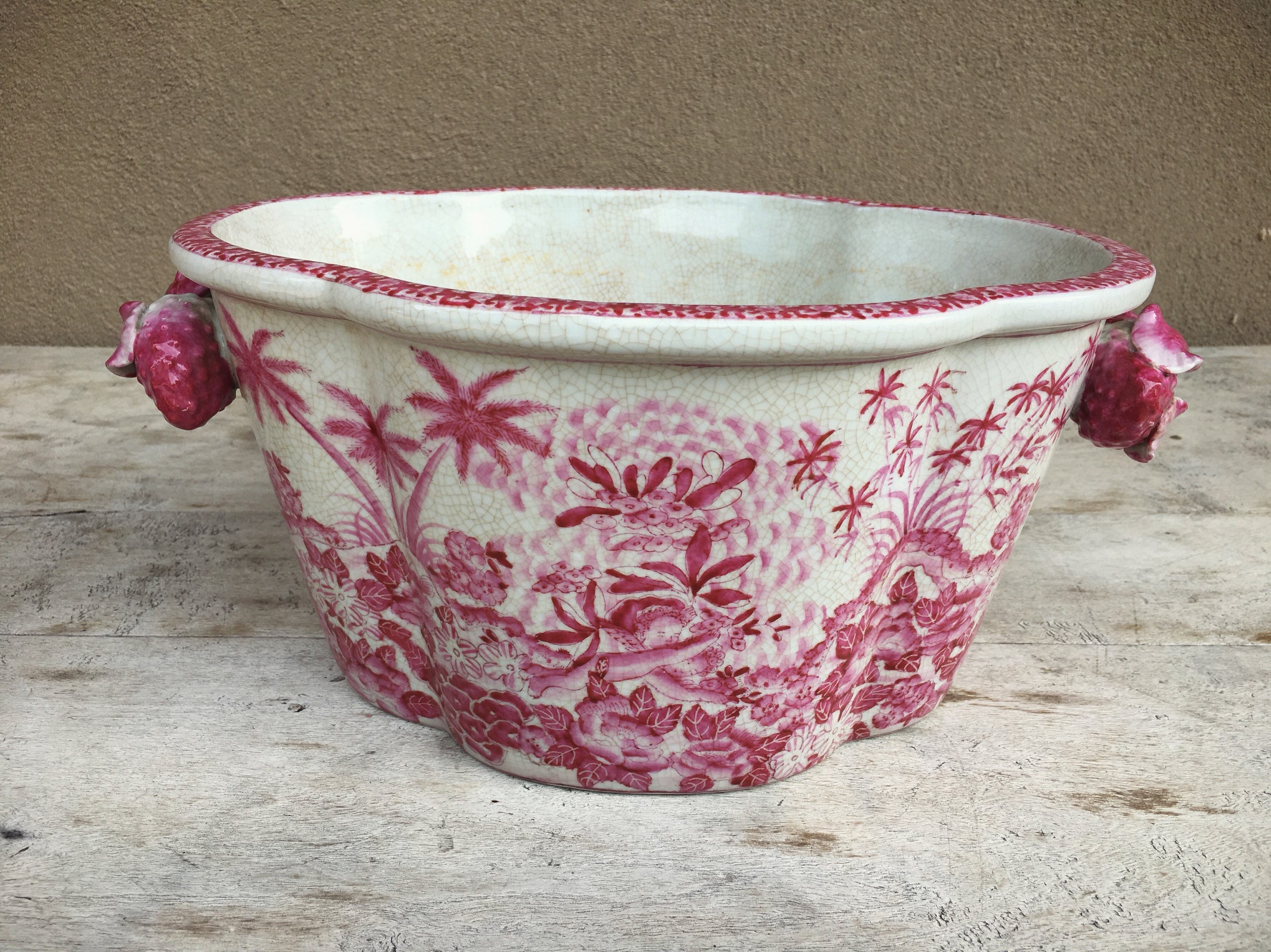 1970s Vintage Chinese Footbath Bowl Planter Pink and White