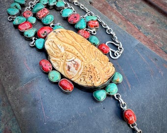 Vintage Turquoise Coral Sterling Silver Necklace w/ Large Carved Bone Pendant, Ethnic Jewelry