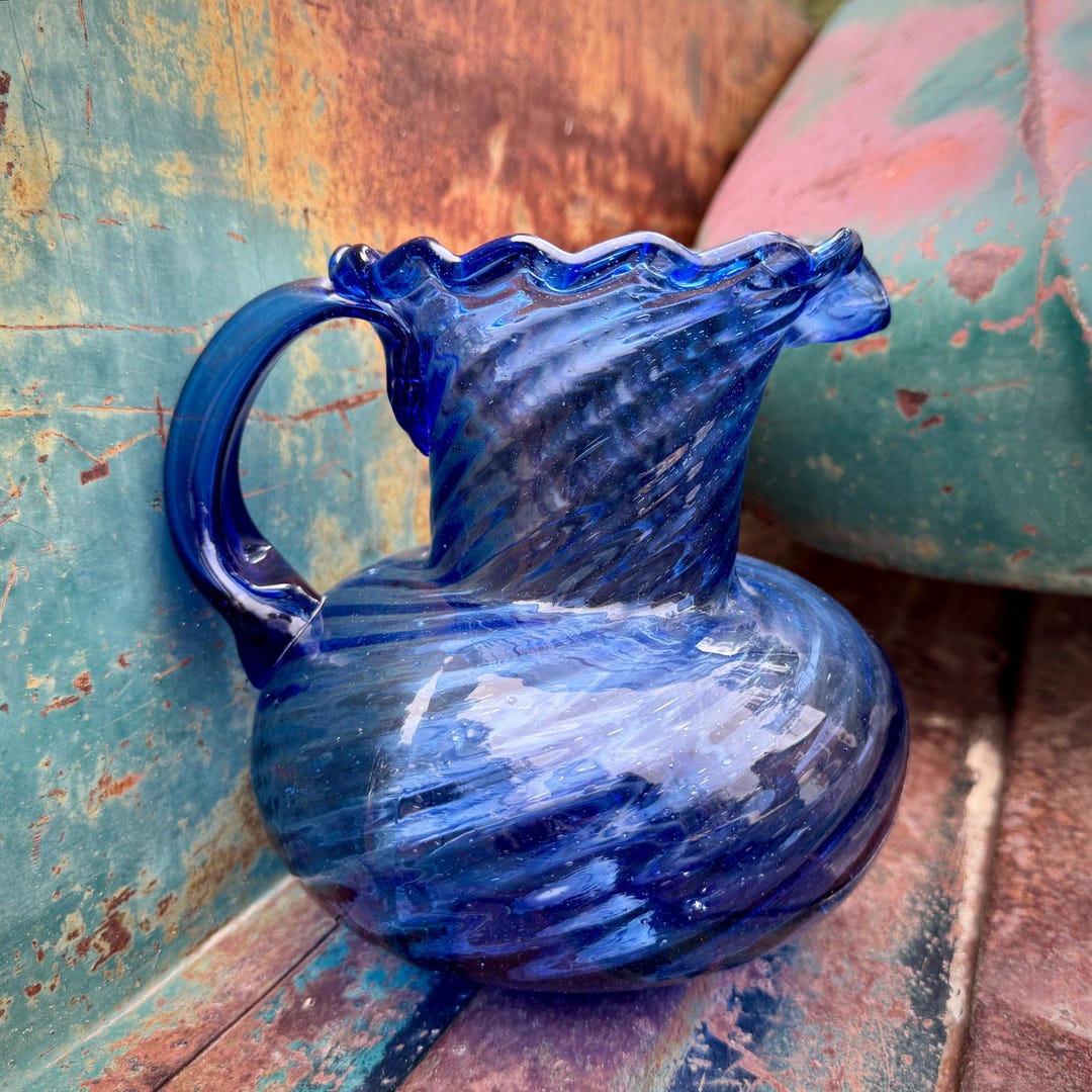 Vintage Mexican Blown Glass Pitcher Blue With Ruffled Edge, Medium ...