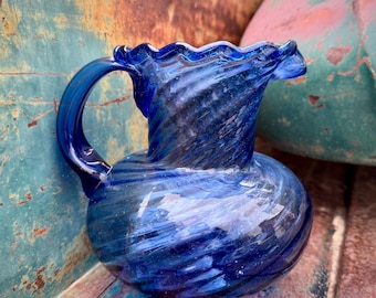 Vintage Mexican Blown Glass Pitcher Blue with Ruffled Edge, Medium-Small Size, Hacienda Decor