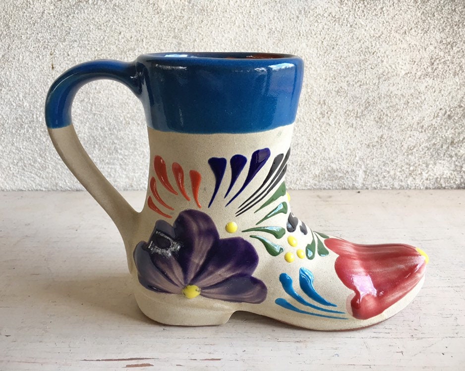 Mexican Pottery Cowboy Boot Vase with Handle, Western Southwestern