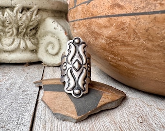 Stamped Silver Repousse Heart Design Shield Ring Approx Size 9.25, Navajo Style