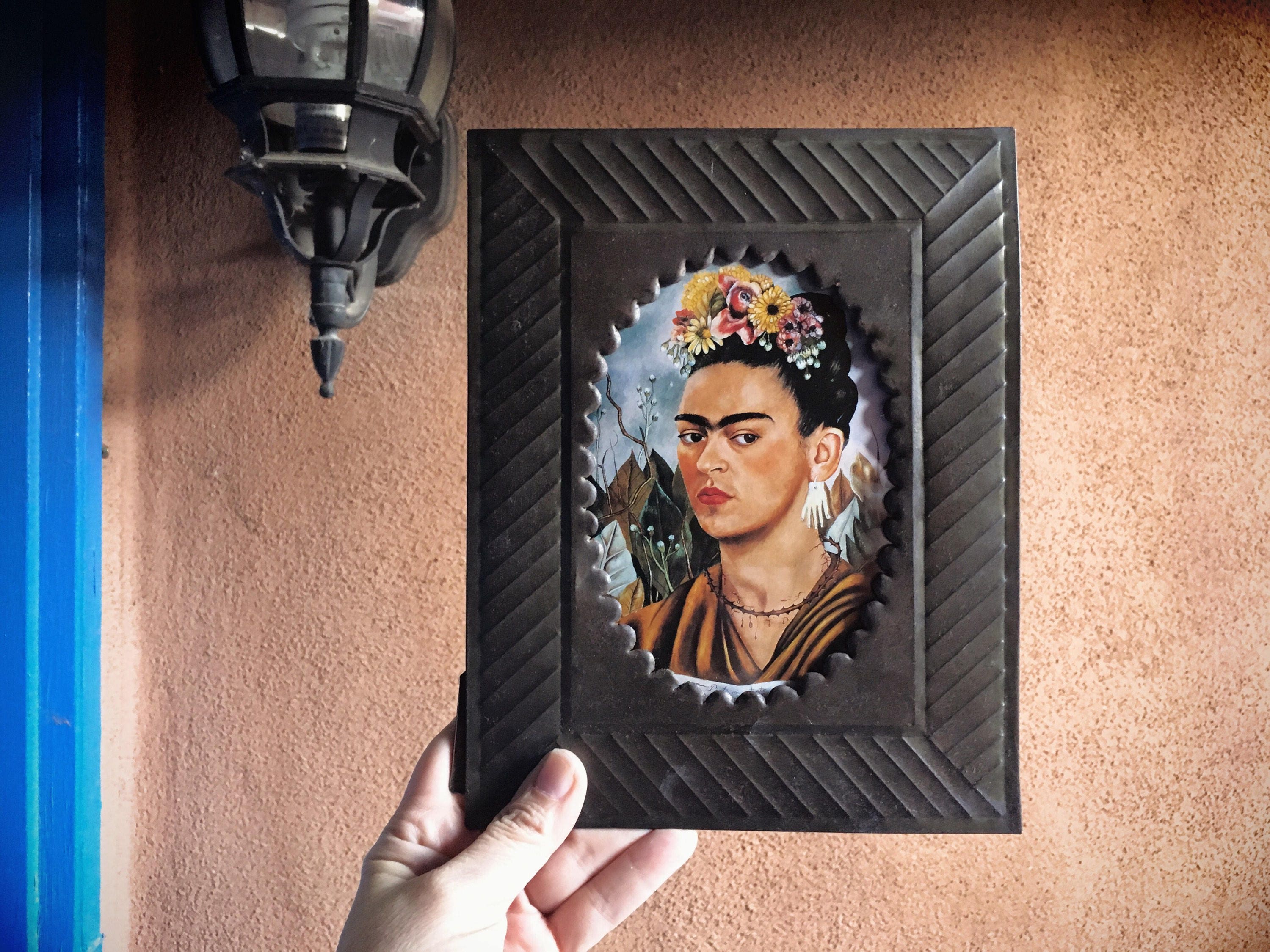 Mexican Tin Picture Frame with Frida Kahlo Postcard, Frida Art, Mexican