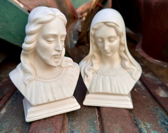 Vintage White Bisque Porcelain Jesus and Mary Busts Statues Shelf Display Parian Ware Style, Religious Home Altar Decorations, Catholic Gift