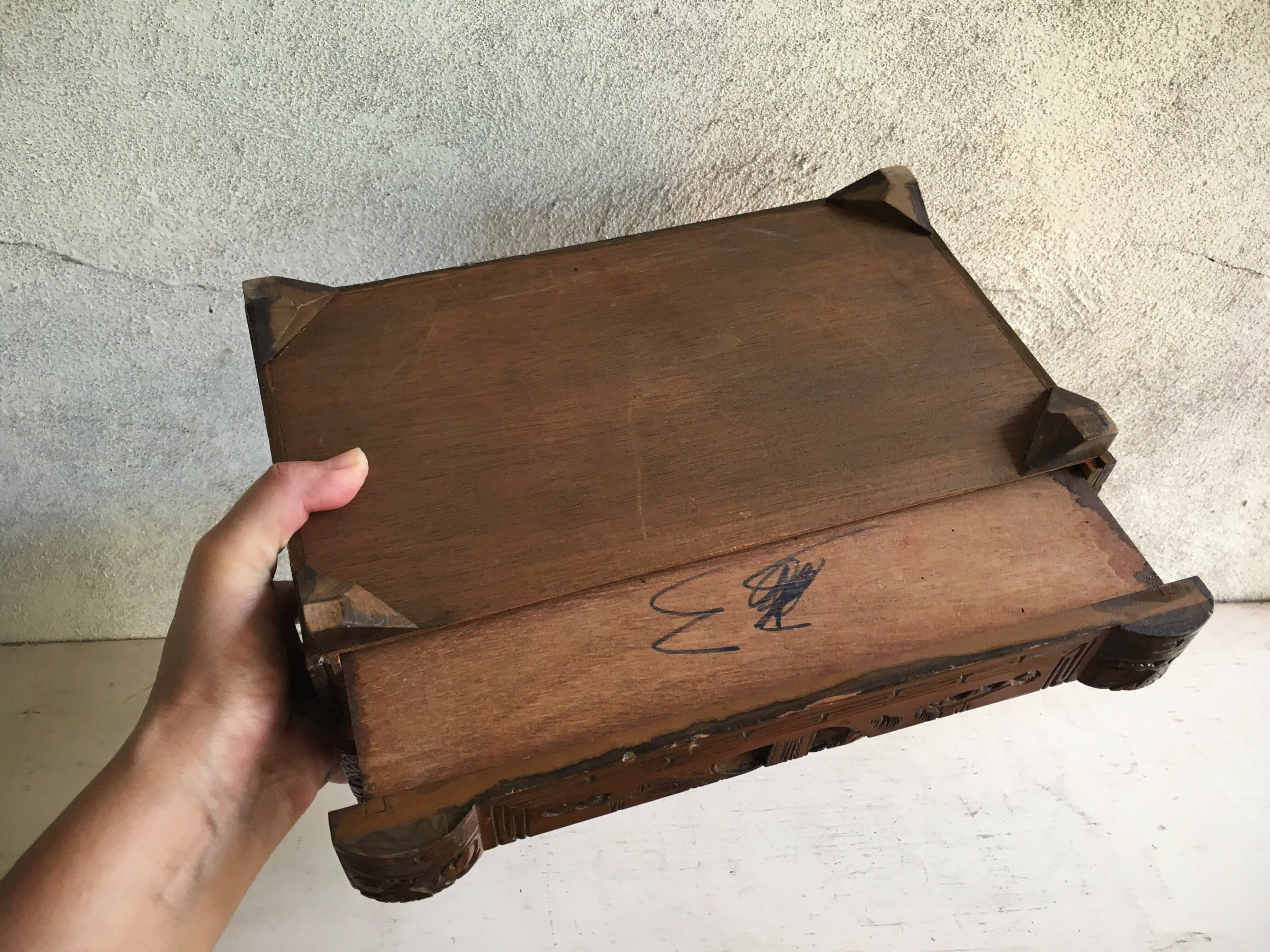 Vintage Asian wooden jewelry box hand carved red velvet lined with drawer Men's vanity box