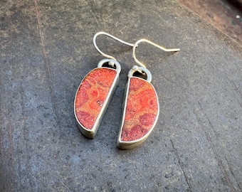 Vintage Sterling Silver Apple Coral Earrings, Unsigned, Non-Matching Ear Wires