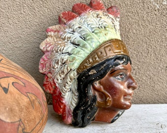 Distressed Old Mexico Redware Wall Plaque of Native American Maiden Original Paint, Vintage Southwestern Kitschy Art, Feather Headdress